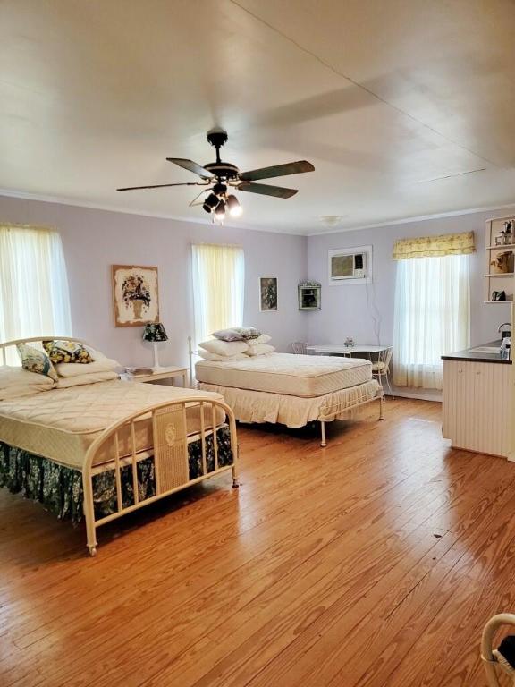 102 S Scott St, Fayetteville, TX 78940 - bedroom featuring light wood-style flooring, a ceiling fan, and a wall mounted AC