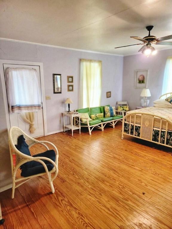 102 S Scott St, Fayetteville, TX 78940 - bedroom with crown molding, wood finished floors, a ceiling fan, and baseboards