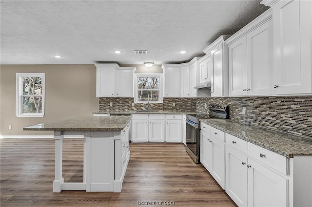 508 N O Neal St, Caldwell, TX 77836 - kitchen featuring white cabinetry, dark stone countertops, stainless steel electric range oven, and dark wood-type flooring