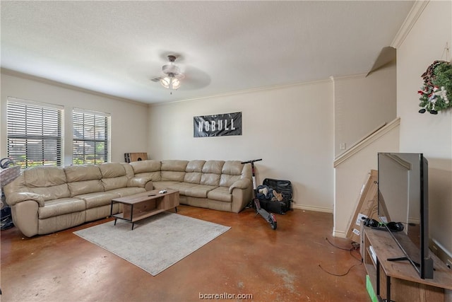 living room featuring ceiling fan, concrete flooring, a textured ceiling, and ornamental molding