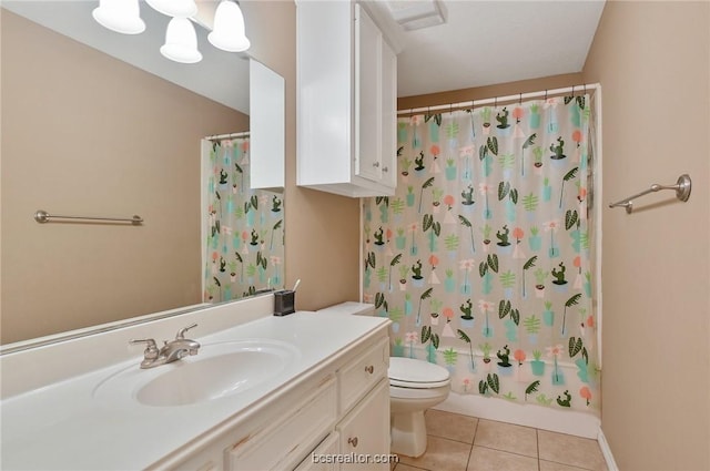 full bathroom featuring vanity, toilet, tile patterned flooring, and shower / bath combo with shower curtain