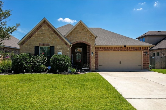 view of front of property featuring a front yard and a garage