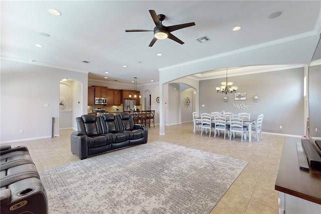 living room featuring light tile patterned floors, ceiling fan with notable chandelier, and ornamental molding