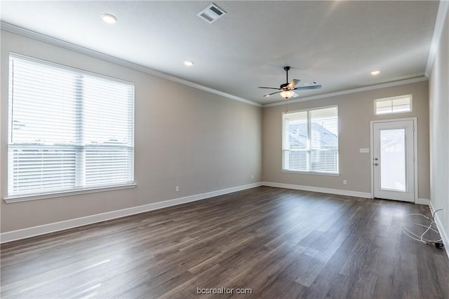 5007 Maroon Creek Dr, Bryan, TX 77802 - unfurnished room with ceiling fan, dark hardwood / wood-style flooring, and ornamental molding