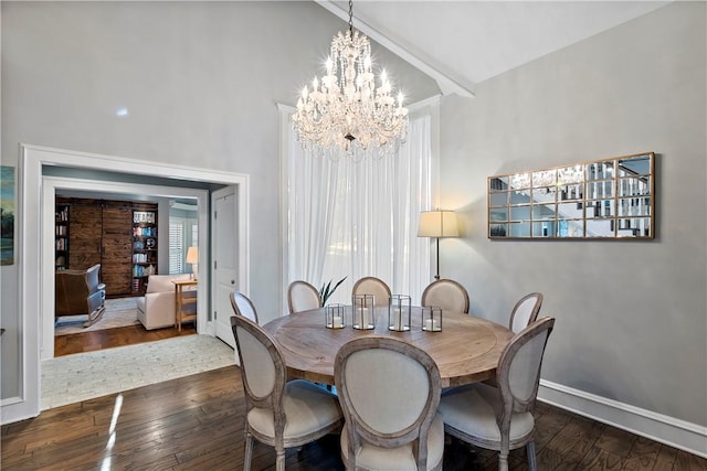 dining area featuring beamed ceiling, dark wood-type flooring, and an inviting chandelier