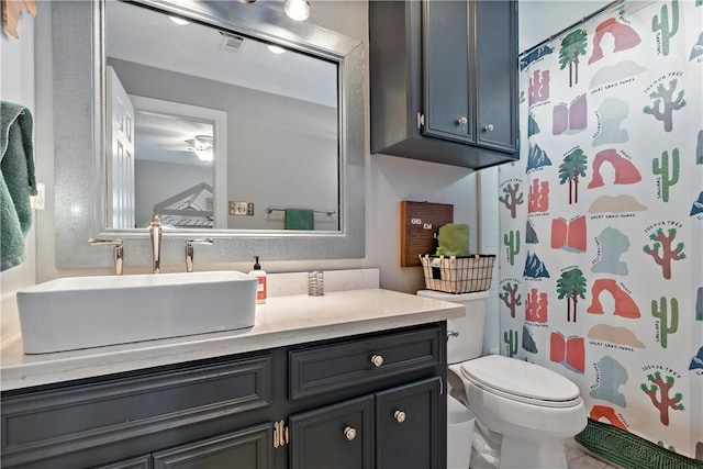 bathroom with vanity, curtained shower, and toilet