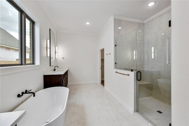 bathroom featuring vanity, crown molding, and independent shower and bath