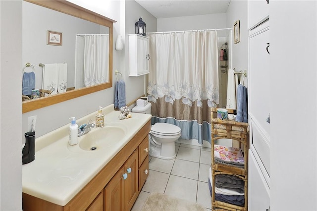 bathroom with toilet, tile patterned floors, a shower with shower curtain, and vanity