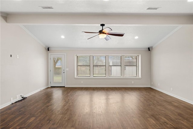 unfurnished living room featuring plenty of natural light, ornamental molding, dark hardwood / wood-style floors, and ceiling fan