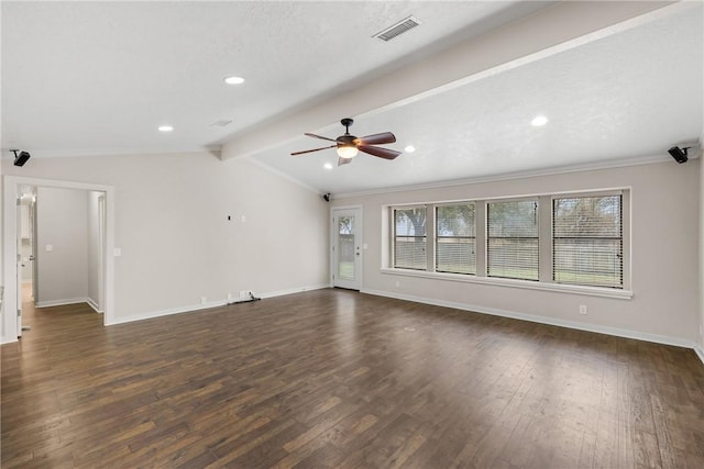 unfurnished living room featuring dark wood-type flooring, vaulted ceiling with beams, crown molding, a textured ceiling, and ceiling fan