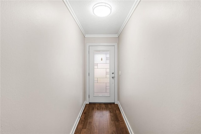 doorway to outside with ornamental molding and wood-type flooring