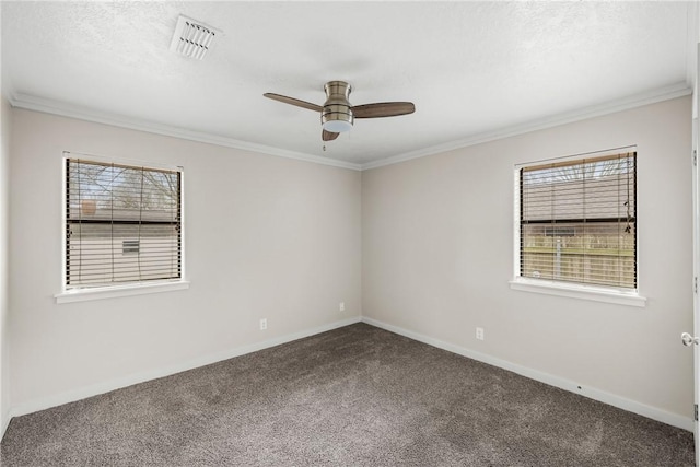 unfurnished room featuring crown molding, carpet, and ceiling fan