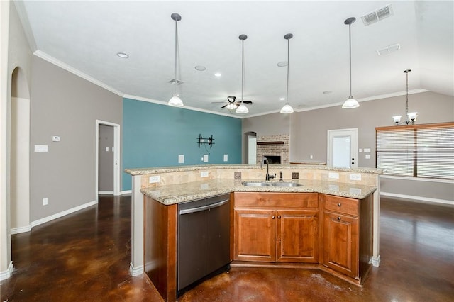 kitchen featuring arched walkways, dishwasher, ceiling fan, concrete flooring, and a sink