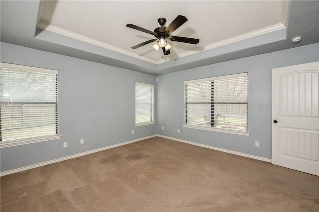 spare room with a tray ceiling, crown molding, and baseboards