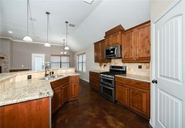 kitchen with concrete flooring, a sink, visible vents, appliances with stainless steel finishes, and decorative backsplash