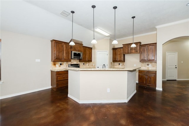 kitchen with arched walkways, stainless steel microwave, concrete flooring, and baseboards