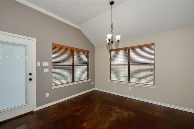 unfurnished dining area with vaulted ceiling, concrete floors, a notable chandelier, and baseboards