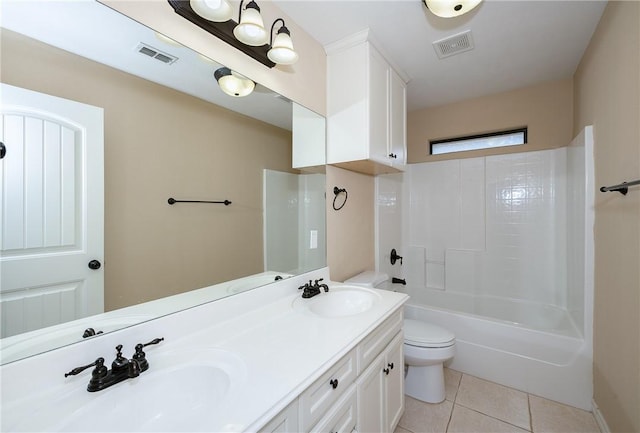 bathroom with double vanity, visible vents, toilet, a sink, and tile patterned floors