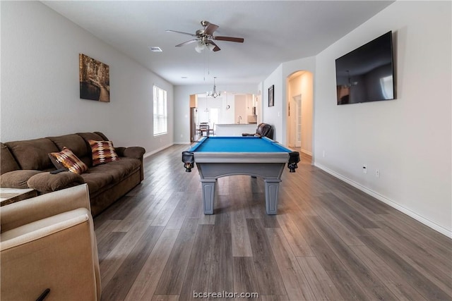 recreation room featuring ceiling fan with notable chandelier, dark hardwood / wood-style flooring, and pool table