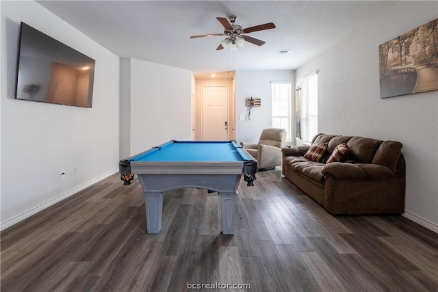 recreation room featuring dark hardwood / wood-style floors, ceiling fan, and billiards