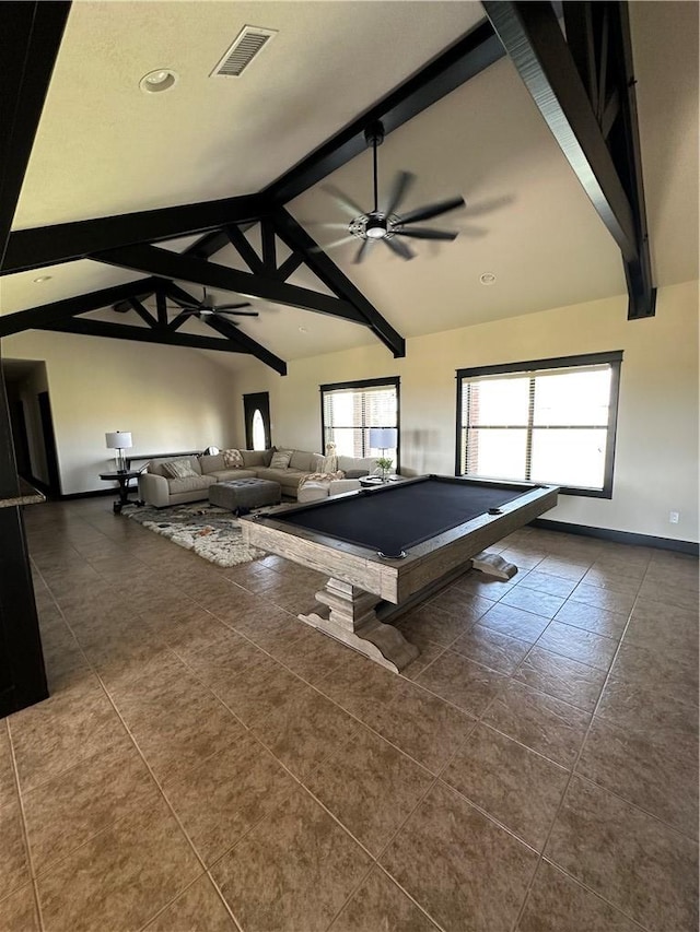 game room with beam ceiling, high vaulted ceiling, ceiling fan, and billiards