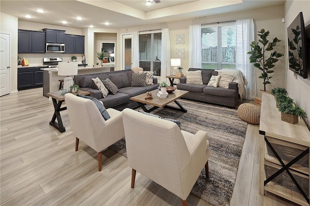 living room featuring sink, a tray ceiling, and light hardwood / wood-style flooring