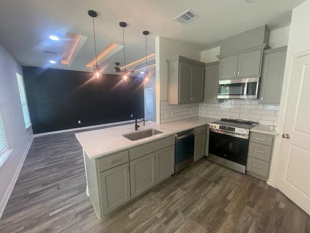 2303 White Wing Dr, Navasota, TX 77868 - kitchen with appliances with stainless steel finishes, a sink, gray cabinets, dark wood-type flooring, and recessed lighting