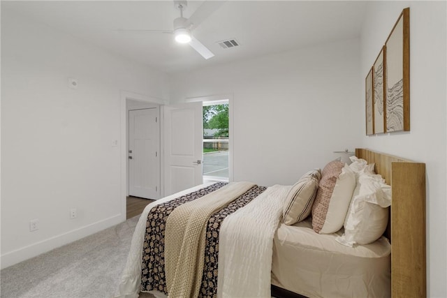 bedroom with baseboards, carpet, a ceiling fan, and access to exterior