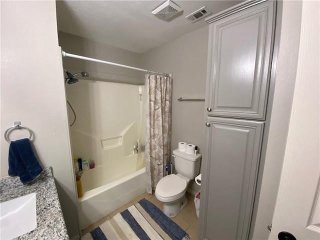 full bathroom with toilet, shower / bath combo, vanity, and tile patterned floors