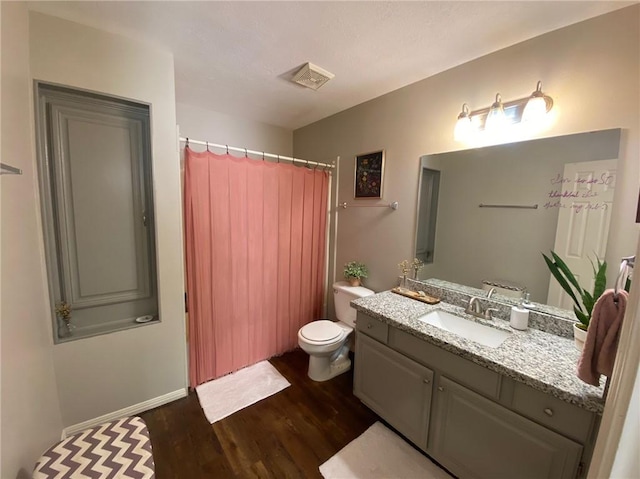 bathroom with vanity, wood-type flooring, and toilet