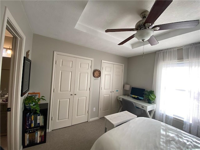 carpeted bedroom with a raised ceiling, multiple closets, and ceiling fan