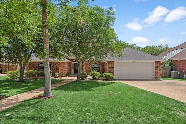 ranch-style home with central AC, a front lawn, and a garage