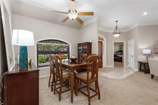 carpeted dining room with ceiling fan and ornamental molding