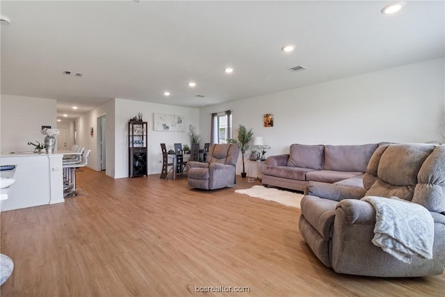 living room with light hardwood / wood-style floors and sink