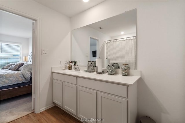 bathroom with hardwood / wood-style flooring and vanity