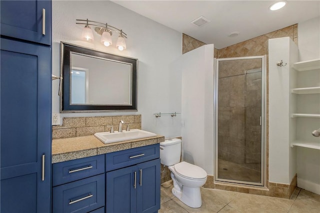 full bath featuring tile patterned floors, visible vents, toilet, a shower stall, and vanity