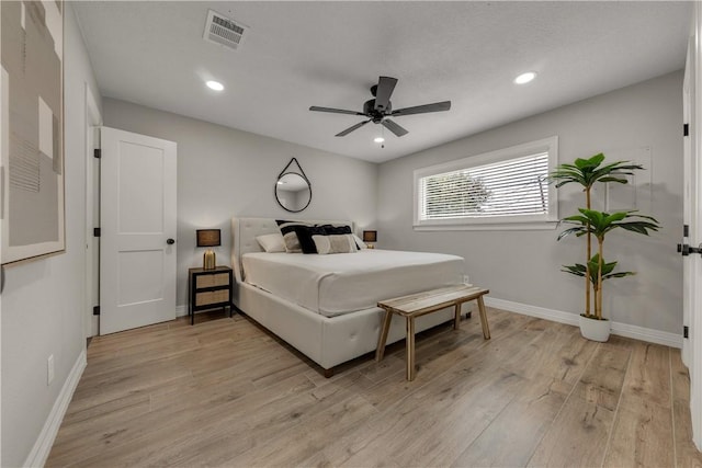 bedroom featuring light wood-type flooring and ceiling fan