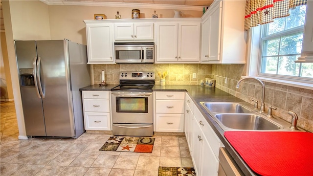 kitchen featuring sink, crown molding, appliances with stainless steel finishes, tasteful backsplash, and white cabinets