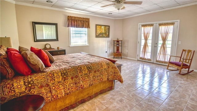 bedroom with french doors, a paneled ceiling, access to outside, ornamental molding, and ceiling fan