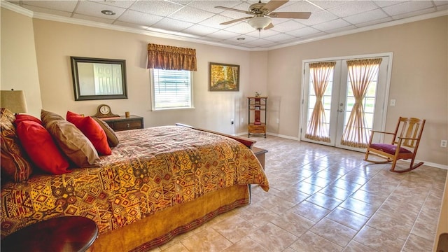 bedroom with crown molding, access to outside, french doors, and ceiling fan