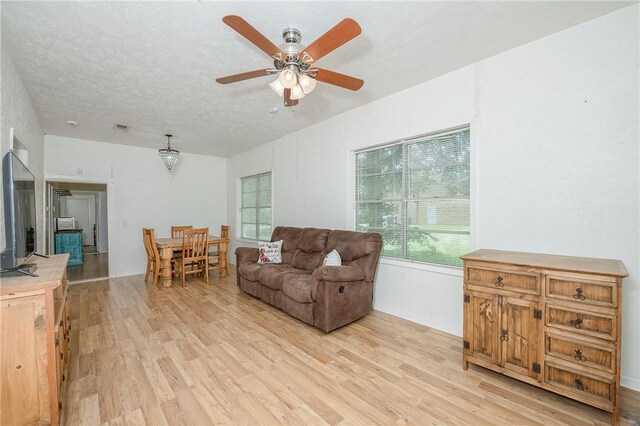 202 S Broadway St, Caldwell, TX 77836 - living room with light wood-style floors, ceiling fan, and a textured ceiling