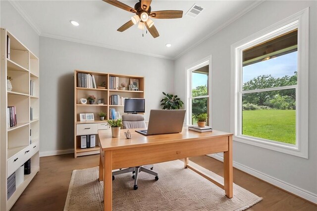 13291 Hopes Creek Rd, College Station, TX 77845 - home office featuring ornamental molding, baseboards, ceiling fan, recessed lighting, and wood finished floors