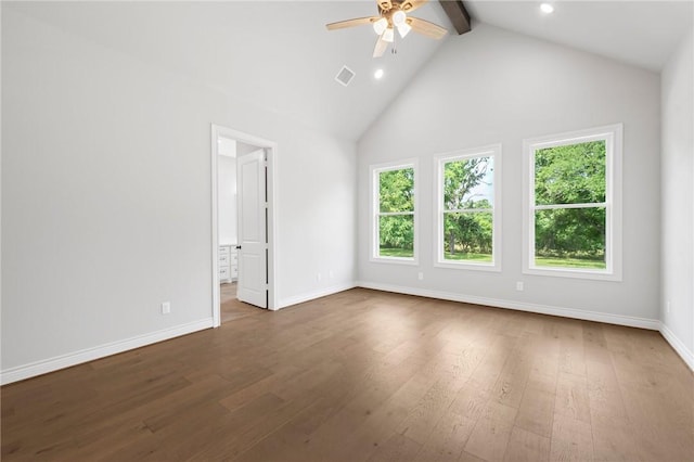 13291 Hopes Creek Rd, College Station, TX 77845 - spare room featuring a ceiling fan, dark wood-style floors, healthy amount of natural light, baseboards, and beam ceiling