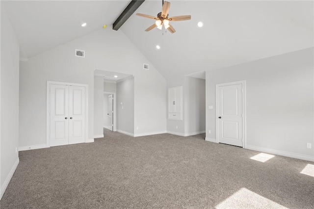 13291 Hopes Creek Rd, College Station, TX 77845 - bonus room with beamed ceiling, ceiling fan, high vaulted ceiling, carpet flooring, and baseboards