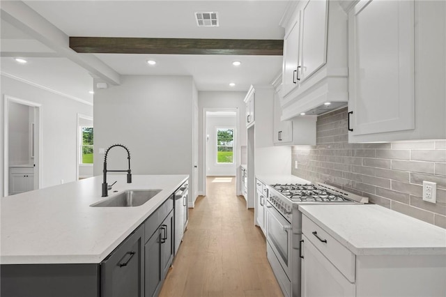 13291 Hopes Creek Rd, College Station, TX 77845 - kitchen featuring stainless steel appliances, a sink, white cabinetry, decorative backsplash, and recessed lighting