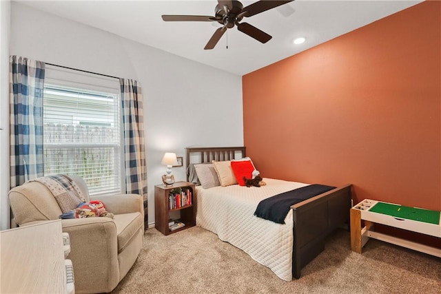 3448 Pointe Du Hoc Dr, Bryan, TX 77808 - carpeted bedroom with recessed lighting and a ceiling fan