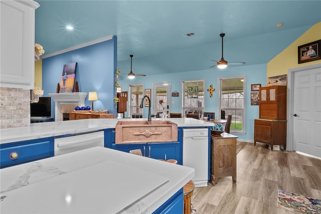 kitchen featuring blue cabinets, visible vents, white dishwasher, and a sink