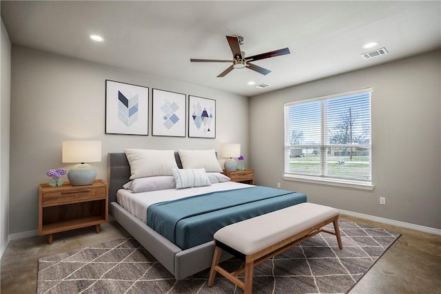 carpeted bedroom with ceiling fan