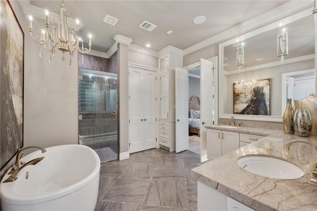 bathroom featuring vanity, ornamental molding, and plus walk in shower