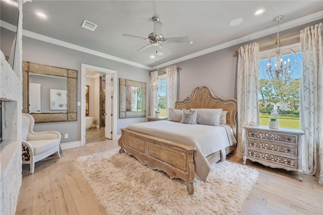 bedroom featuring ceiling fan with notable chandelier, light hardwood / wood-style flooring, and multiple windows